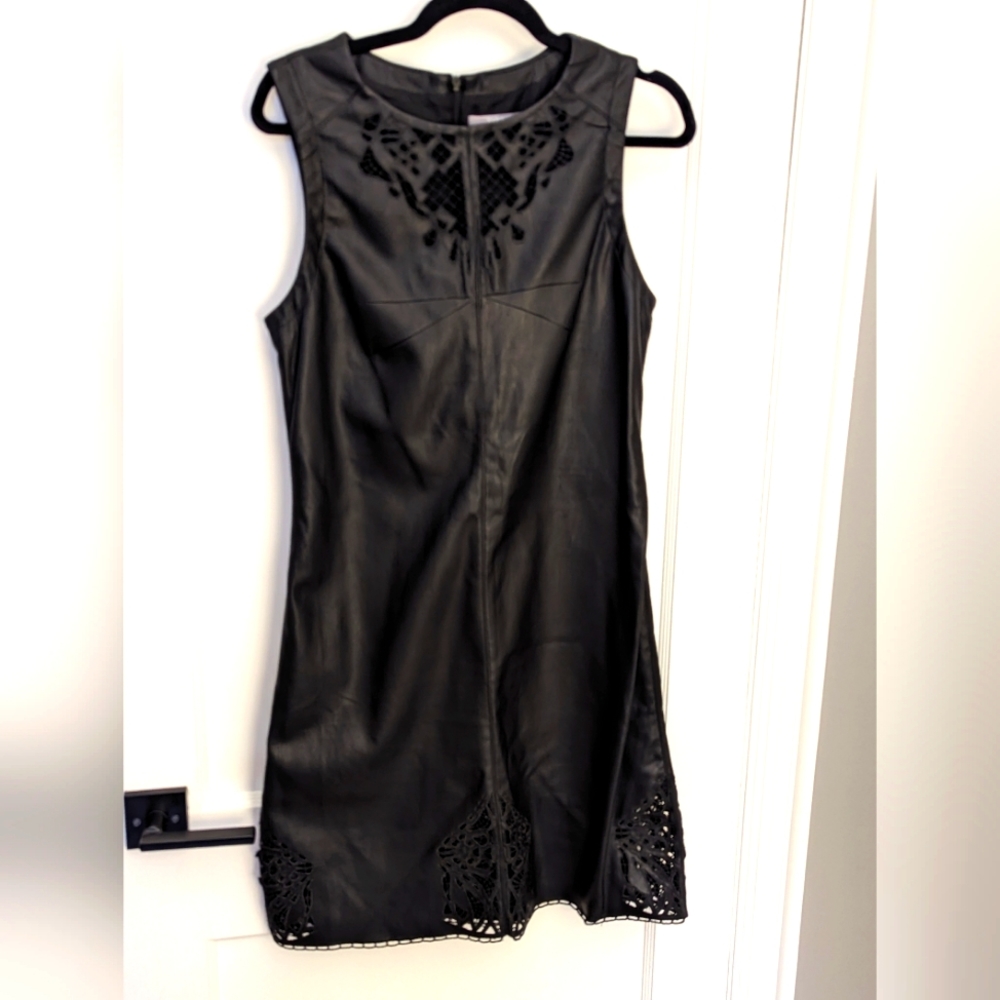 Tart Black Faux Leather Laser-Cut Sheath Dress
